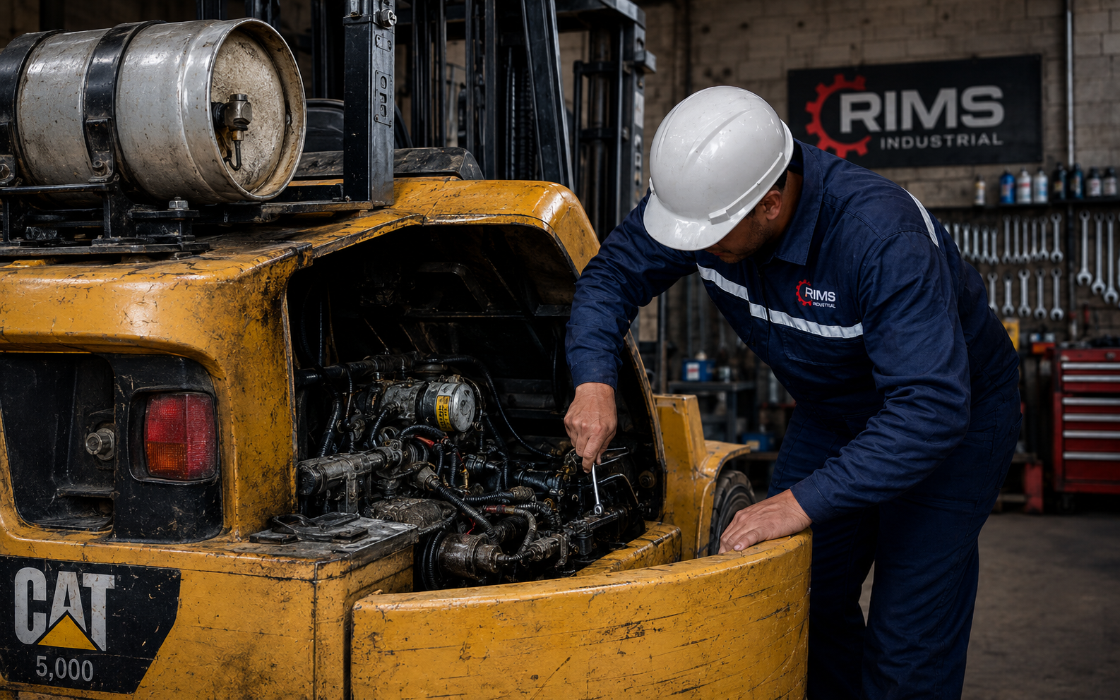Técnico certificado de RIMS Industrial reparando el motor de un montacargas CAT 5000 lb en taller especializado.