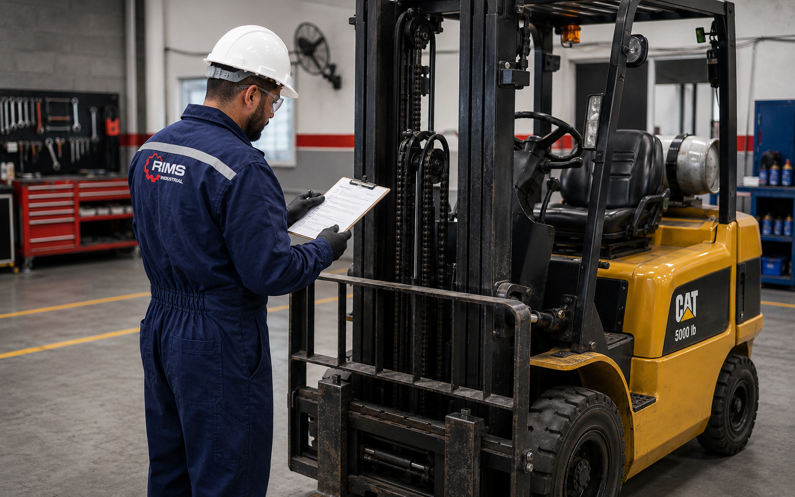 Técnico RIMS en uniforme y casco blanco inspeccionando un montacargas CAT 5000 lb en taller